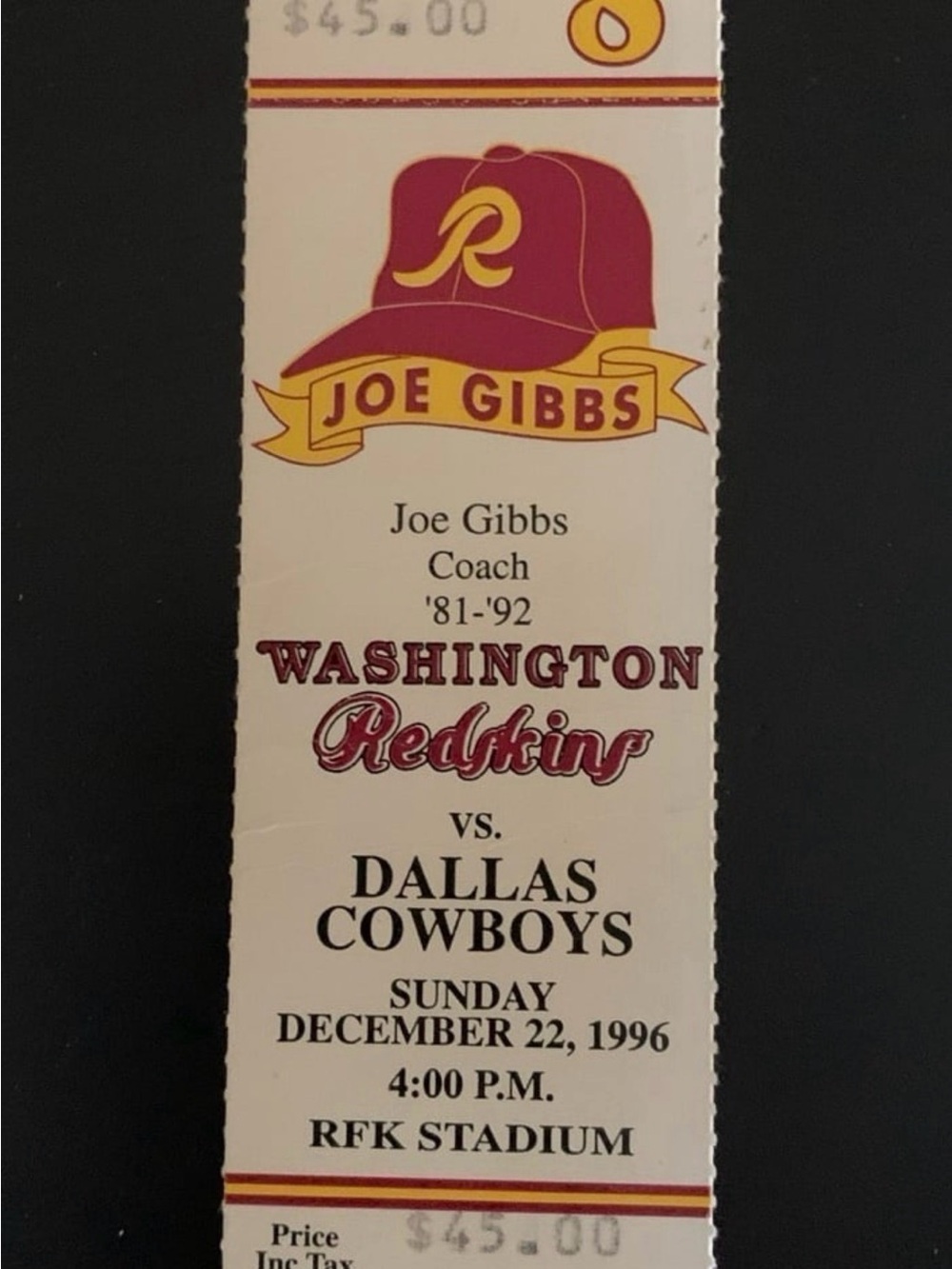 TICKET FROM FINAL GAME @ RFK STADIUM, ‘96 Cowboys @ Redskins